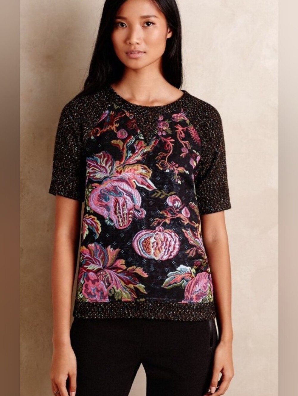 James Coviello Brocade Spliced Sweater Shirt Floral Top Black & Pink XS